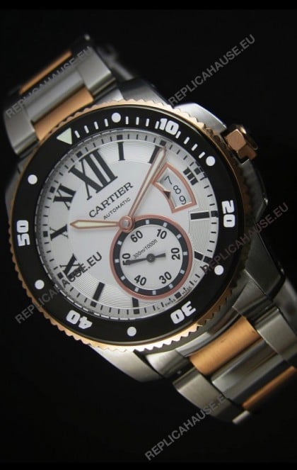 Calibre De Cartier Watch 42MM Black Dial Two Tone Case White Dial - 1:1 Mirror Replica Watch
