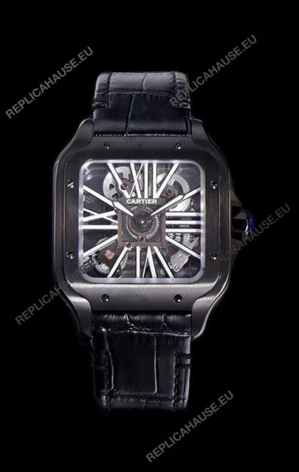 Cartier Santos DUMONT Skeleton Watch in Black DLC Coated Casing Swiss Movement Watch 