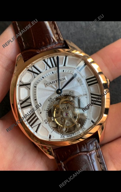 Drive De Cartier Yellow Gold Tourbillon Super clone Replica Watch in White Dial 