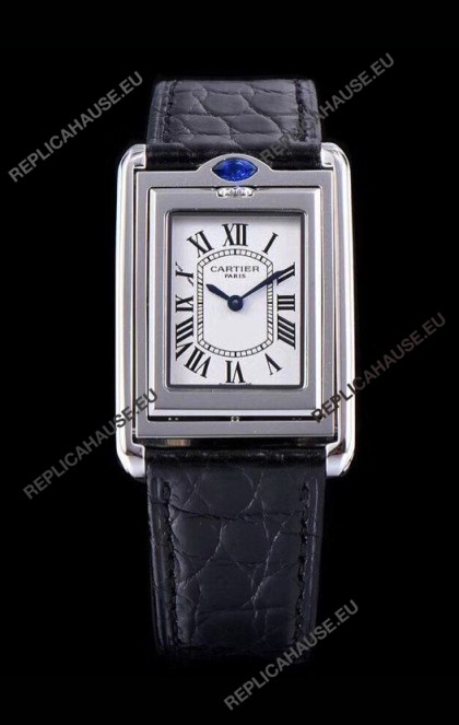 Cartier Tank Reversible Swiss Quartz Replica Watch in Steel Casing - Black Strap