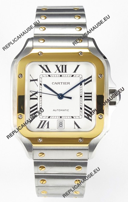 Cartier Santos De Cartier Two Tone 904L Steel White Dial Super Clone Replica 40MM Watch 