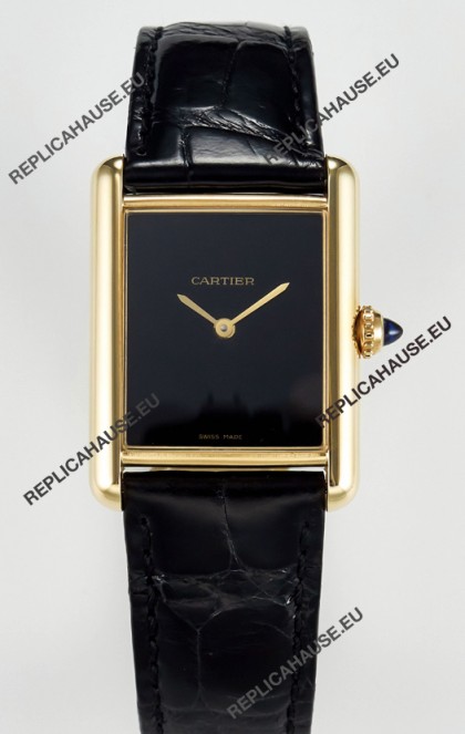 Tank Must Cartier Super Clone Edition 33.7MM Watch in Yellow Gold Casing Black Dial 