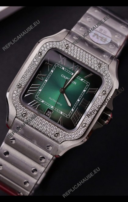 Cartier Santos De Cartier 904L Steel Green Dial Super Clone Replica 40MM Watch 