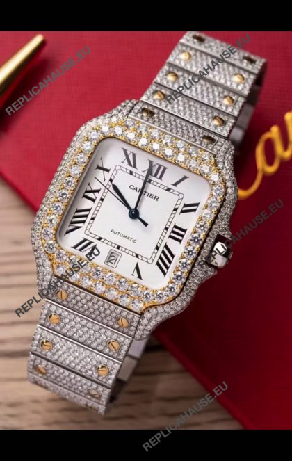 Santos De Cartier Watch in White Dial MOSSANITES Paved Edition Swiss Replica Watch