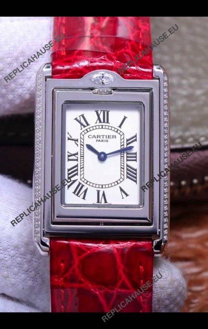 Cartier Tank Reversible Swiss Quartz Replica Watch in Steel Casing - Red Strap