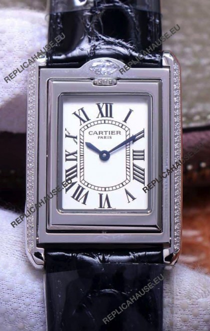 Cartier Tank Reversible Swiss Quartz Replica Watch in Steel Casing - Black Strap