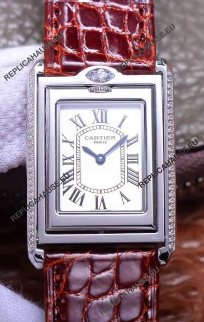 Cartier Tank Reversible Swiss Quartz Replica Watch in Steel Casing - Brown Strap