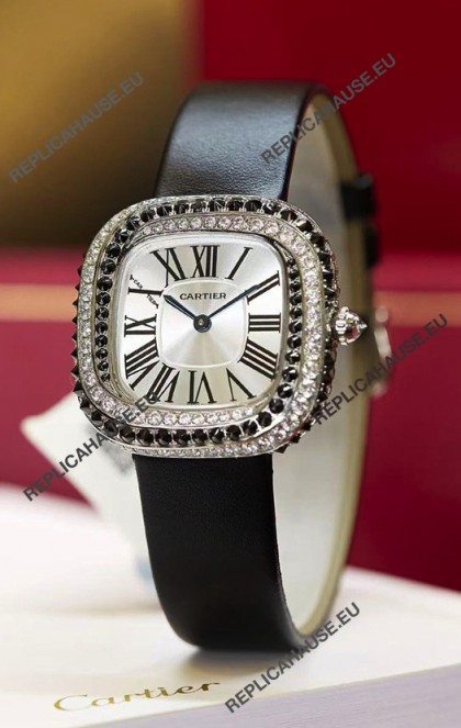 Coussin De Cartier Steel Watch Swiss Replica Watch Black Strap 