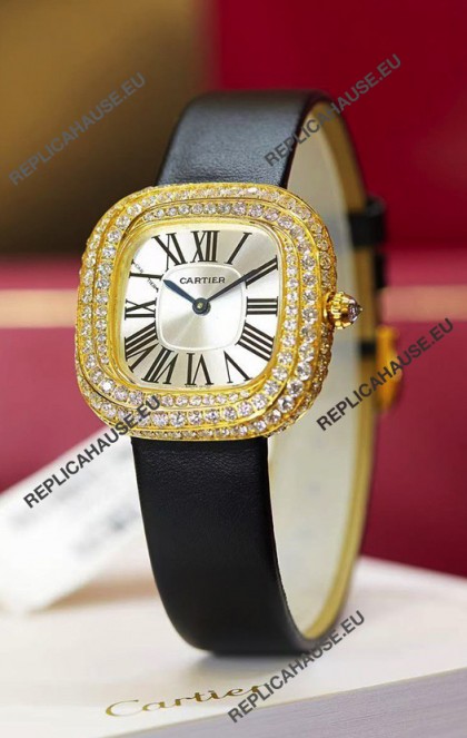 Coussin De Cartier Yellow Gold Swiss Replica Watch Black Strap 