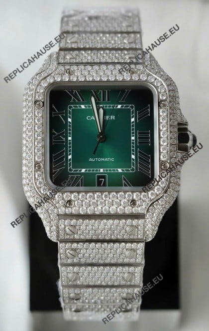 Santos De Cartier Watch in Green Dial MOSSANITES Paved Edition Swiss Replica Watch