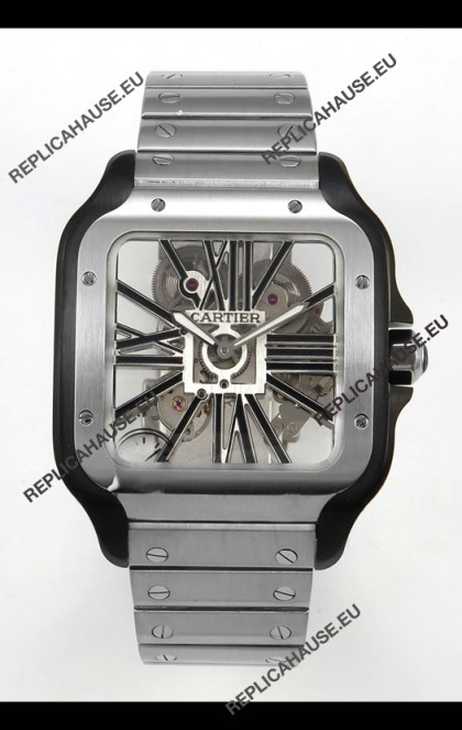 Santos De Cartier Super Clone Watch in Skeleton Dial Brushed DLC Coated Steel Casing Watch 