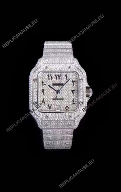 Santos De Cartier Swiss Replica Watch with Diamonds Embedded Dial in Steel Casing 40MM