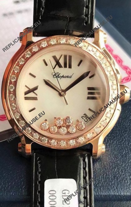 Chopard Happy Rose Gold Swiss Quartz Watch 1:1 Mirror Replica - Genuine Diamonds 