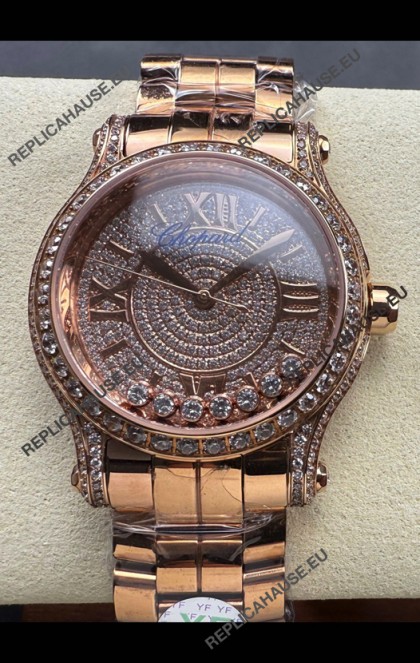 Chopard Happy Sport Super Clone Automatic Watch 36MM in Rose Gold Casing Mossanites Dial