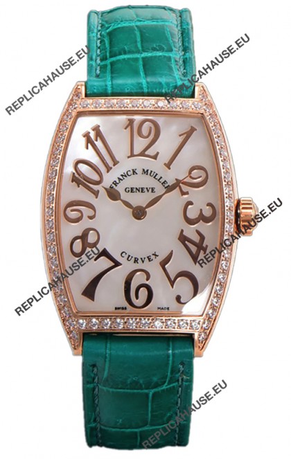 Franck Muller Cintree Curvex Mother of Pearl Dial Watch in Rose Gold Plating - Green Strap 