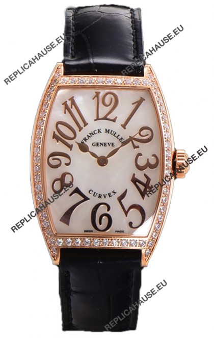 Franck Muller Cintree Curvex Mother of Pearl Dial Watch in Rose Gold Plating - Black Strap 