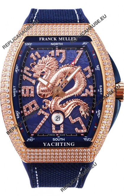 Franck Muller Vanguard Yachting Dragon V45 Blue Dial in Gold Diamonds Bezel Swiss Replica