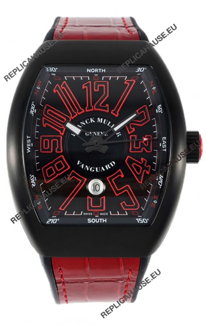 Franck Muller Vanguard in DLC Coated Casing Black Dial Swiss Replica Red Strap 