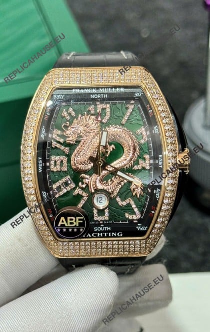 Franck Muller Vanguard Yachting Dragon V45 Green Dial in Gold Diamonds Bezel Swiss Replica