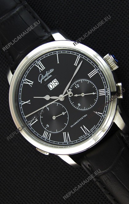 Glashuette Dual Sub Dial Japanese Replica Watch in Black Dial
