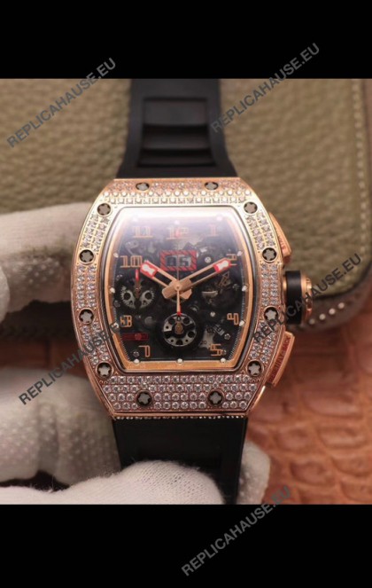Richard Mille RM011 Felipe Massa 1:1 Mirror Quality One Piece Black Ceramic Rose Gold Diamonds Watch 