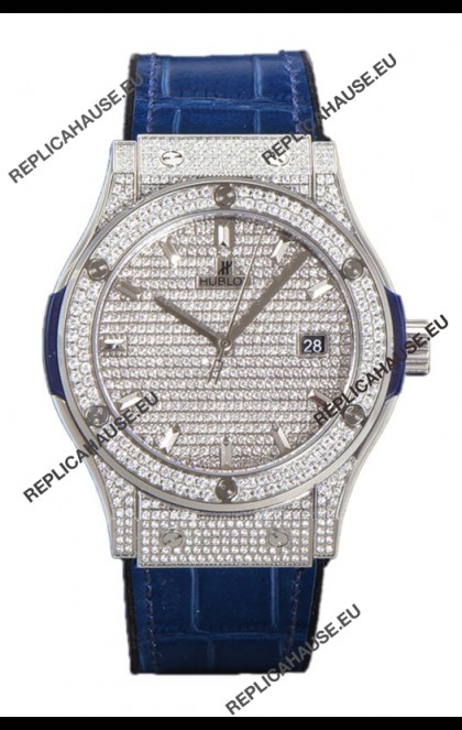 Hublot Classic Fusion Automatic Steel Diamonds Paved Dial Blue Strap 42MM Superclone Replica Watch 
