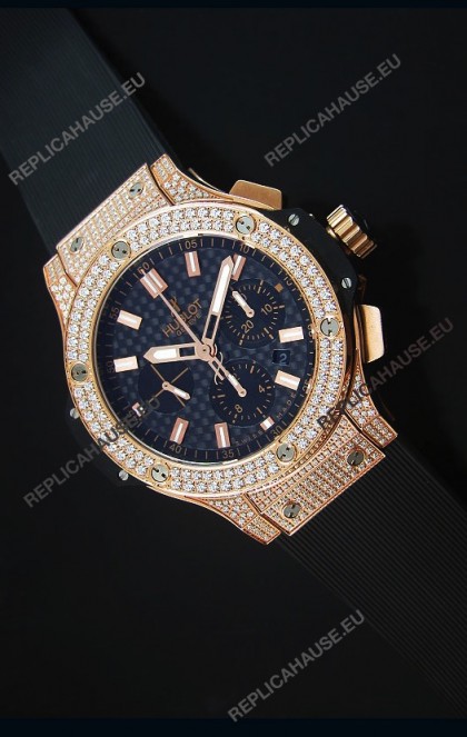 Hublot Big Bang Carbon Dial Diamonds Studded Rose Gold Swiss Watch 