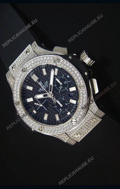 Hublot Big Bang Carbon Dial Diamonds Studded Stainless Steel Swiss Watch 