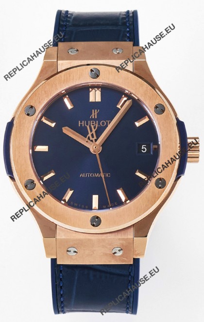 Hublot Super Clone Classic Fusion Rose Gold 38MM 1:1 Mirror Replica Watch Blue Dial