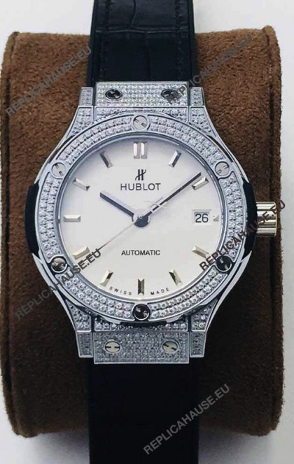 Hublot Classic Fusion Diamonds Steel White Dial 38MM Swiss Replica Watch 1:1 Mirror Quality