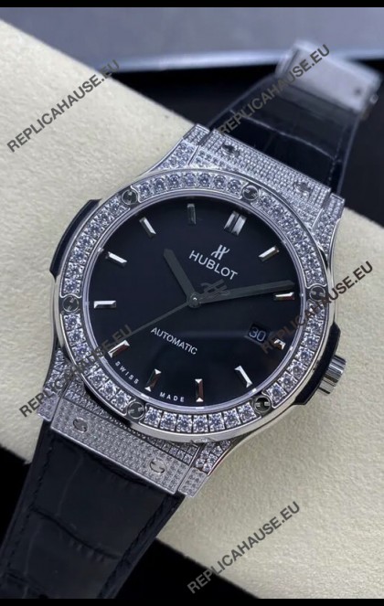 Hublot Classic Fusion Stainless Steel Diamonds Black Dial Swiss Replica Watch 1:1 Mirror Quality