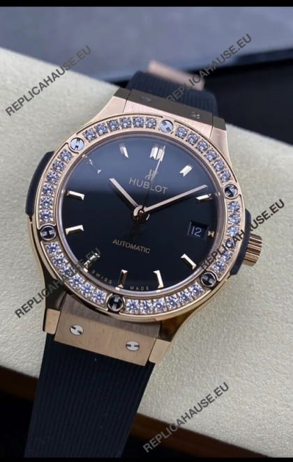 Hublot Classic Fusion 1:1 Mirror Replica Swiss Watch in Rose Gold 904L Steel Casing Black Dial 38MM