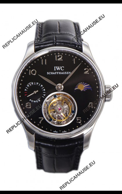 IWC Portugese Hand-Wound Genuine Tourbillon Black Dial Steel Casing Swiss Replica Watch 