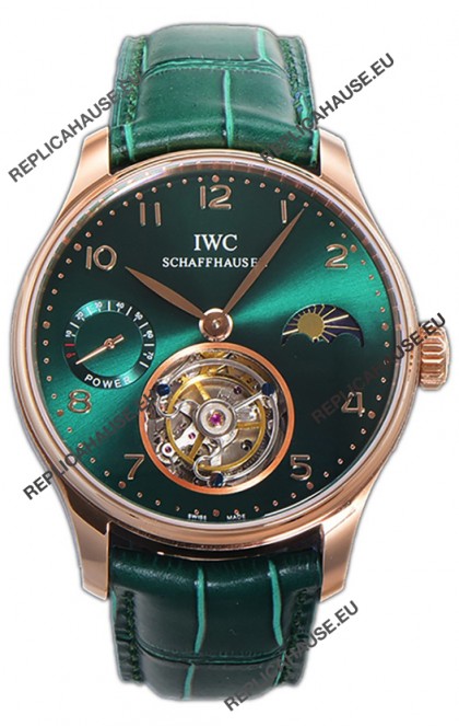 IWC Portugese Hand-Wound Genuine Tourbillon Green Dial Rose Gold Casing Swiss Replica Watch 