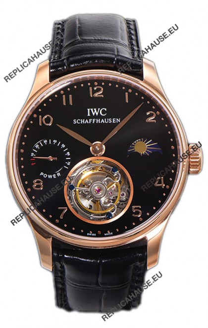 IWC Portugese Hand-Wound Genuine Tourbillon Black Dial Rose Gold Casing Swiss Replica Watch 