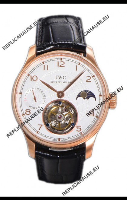 IWC Portugese Hand-Wound Genuine Tourbillon White Dial Rose Gold Casing Swiss Replica Watch 