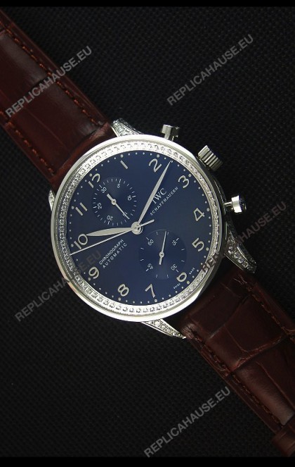 IWC Portuguese Chronograph Black Dial Brown Strap with Diamonds 1:1 Mirror Replica Watch