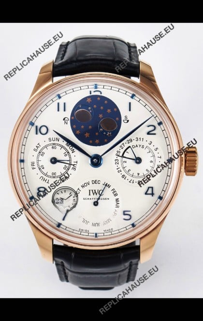 IWC Super Clone Portuguese Perpetual Calendar Rose Gold White Dial Replica Watch 