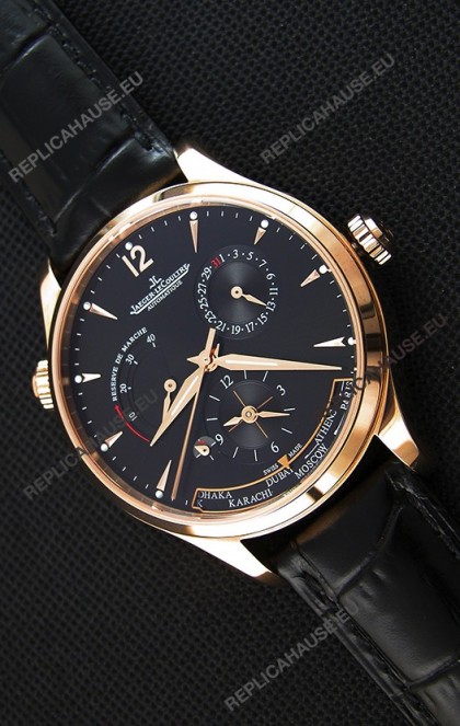 Jaeger LeCoultre Master Geographic Power Reserve Pink Gold Black Dial Swiss Replica Watch 