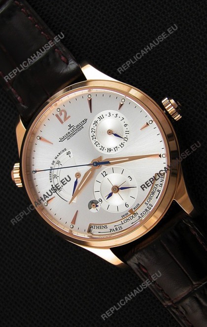 Jaeger LeCoultre Master Geographic Power Reserve Pink Gold Steel White Dial Swiss Replica Watch 