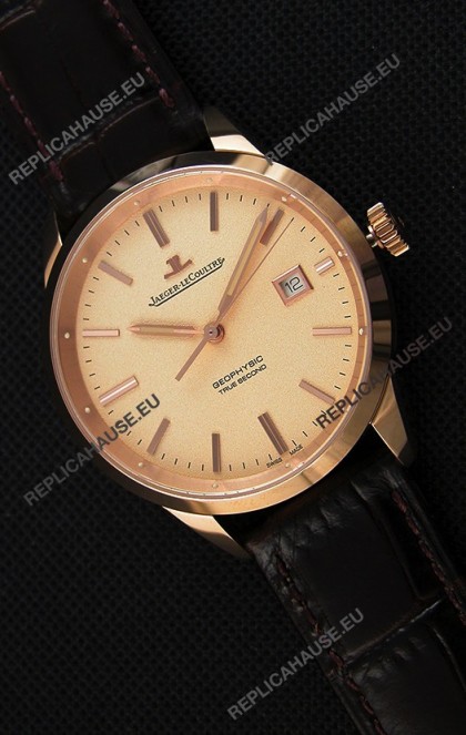 Jaeger LeCoultre Geophysic True Second Pink Gold Swiss Replica Watch Gold Dial 