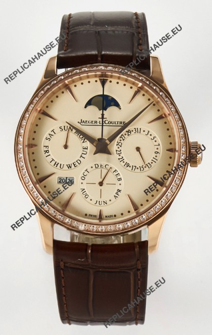 Jaeger LeCoultre Super Clone Master Ultra-Thin Perpetual Calendar Cream Dial Diamonds Bezel Watch
