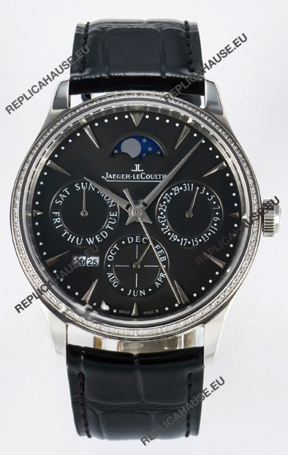 Jaeger LeCoultre Super Clone Master Ultra-Thin Perpetual Calendar Grey Dial Diamonds Watch