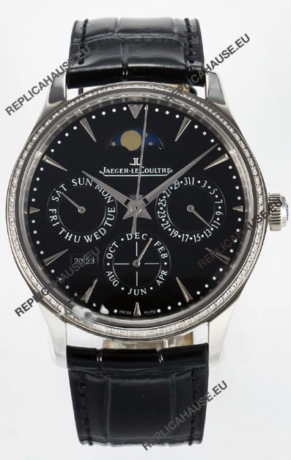Jaeger LeCoultre Super Clone Master Ultra-Thin Perpetual Calendar Black Dial Diamonds Watch