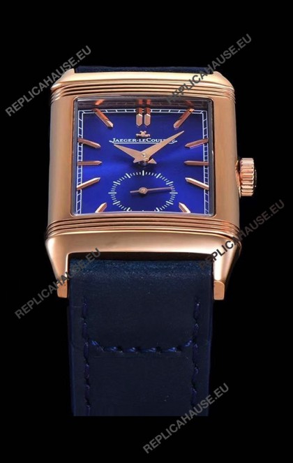 Jaeger LeCoultre Reverso Swiss Replica Watch in Rose Gold Casing - Blue Dial 