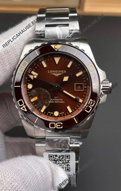Longines HydroConquest GMT 1:1 Mirror Swiss Replica Watch in Brown Dial Steel Strap