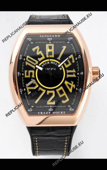 Franck Muller Vanguard Crazy Hours in Rose Gold Plating - Black Dial Swiss Replica Watch 