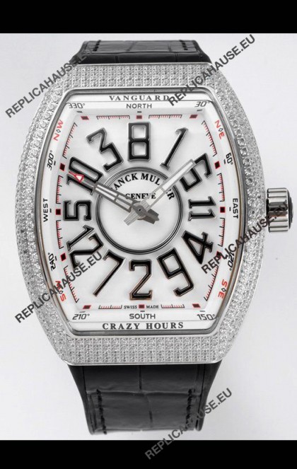 Franck Muller Vanguard Crazy Hours in Stainless Steel Diamonds - White Dial Swiss Replica Watch 