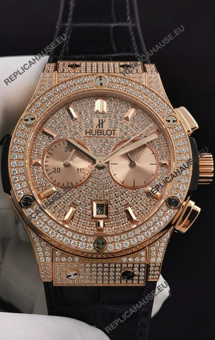 Hublot Classic Fusion Chronograph Rose Gold Diamonds Dial and Casing 1:1 Mirror Replica Watch 