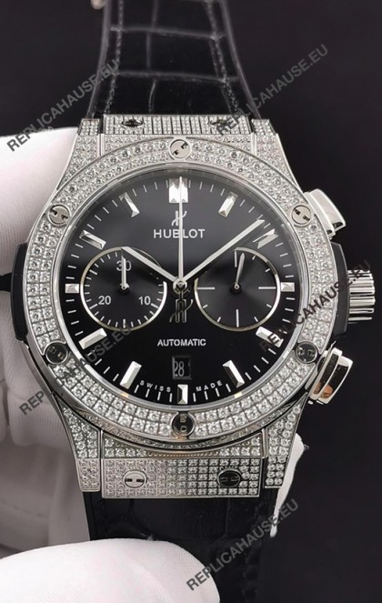 Hublot Classic Fusion Chronograph Steel Diamonds Casing Black Dial 1:1 Mirror Replica Watch 